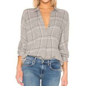 Vince Taupe Gray Plaid V-Neck Tunic Blouse